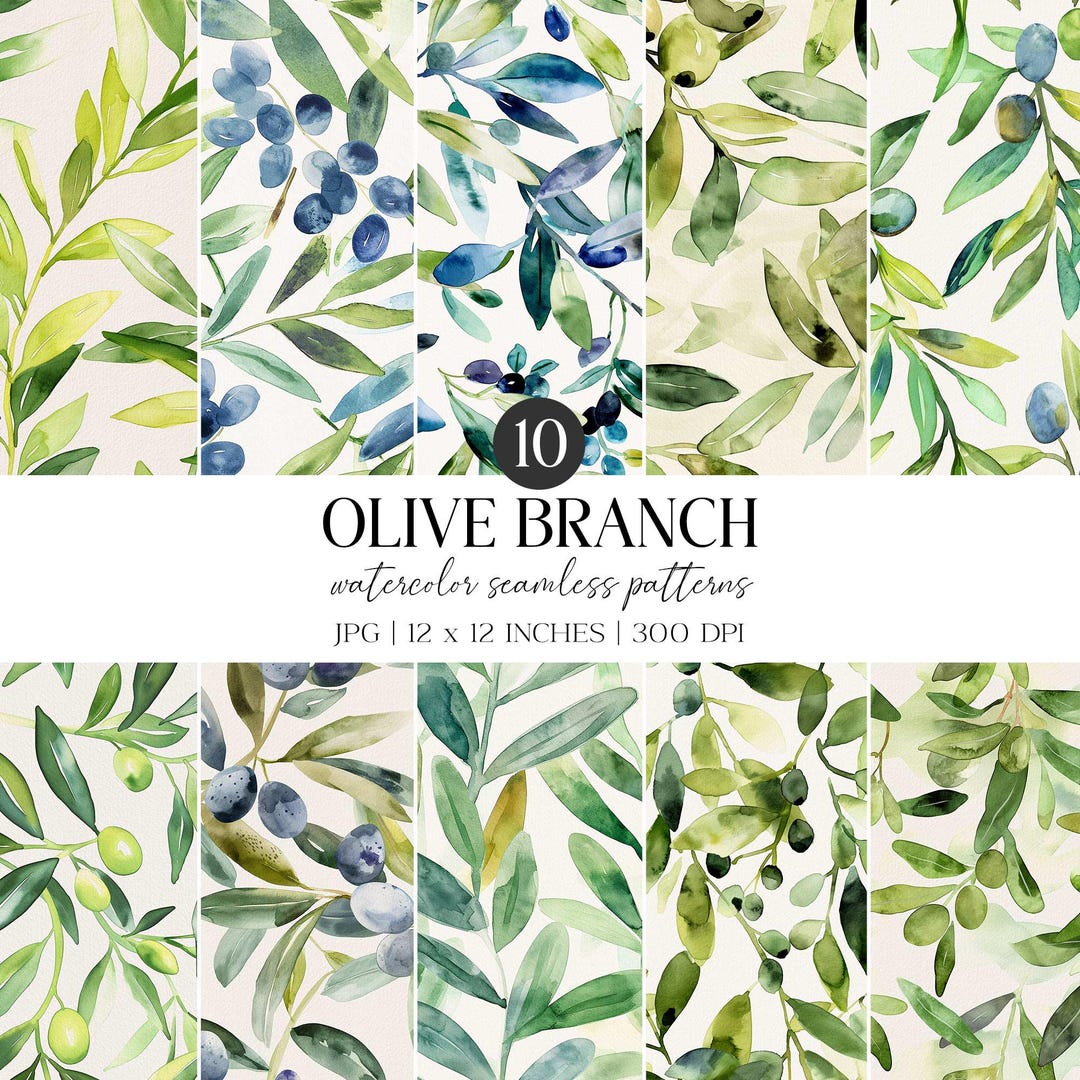 Olive Branch Watercolor Pattern | Seamless Greenery Digital Paper (JPG ...