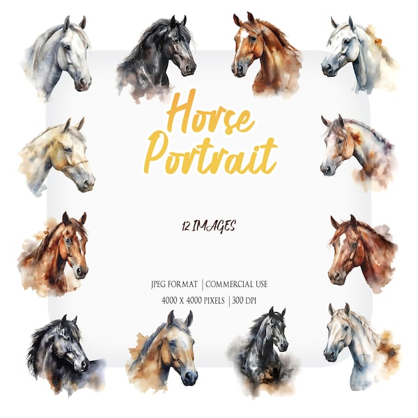 Horse Portrait Watercolor Clipart | Farm Animal JPG Set | Paper Craft, Wall Art, Card Making, Planner, Stationery, Nursery, Apparel, Invite