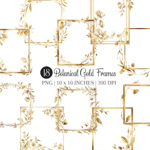 Botanische Goldrahmen Aquarell Clipart | Goldene Blumenrahmen PNG Set | Metallische dekorative Kontur | Bronze Zweig, Blatt, DIY