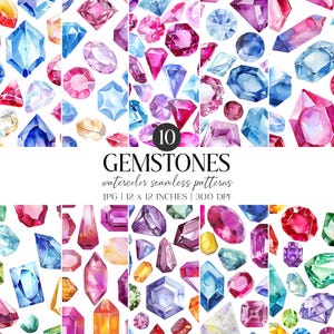 Akvarell ädelstenssömlösa mönster | Digitalt papper med juveler (digital nedladdning)