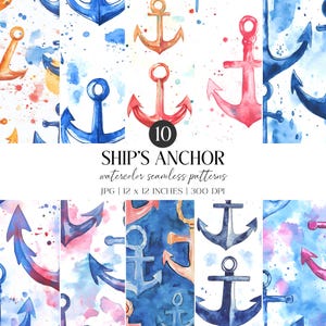 Watercolor Ship Anchor Seamless Pattern | Nautical Digital Paper (JPG)
