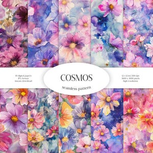 Modèle sans couture aquarelle cosmos | Paquet de papier numérique JPG floral et verdure | Texture d'arrière-plan | Fleurs ornementales | Vêtements en tissu DIY