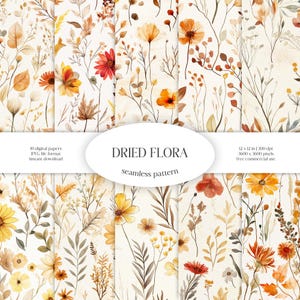 Modello senza cuciture di flora secca / Pacchetto di carta digitale JPG di verde autunnale / Sfondo di foglie e fiori vintage / Tessuto botanico / Design fai da te