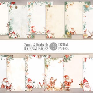 Santa & Rudolph Acuarela Diario Páginas / Winter Greenery JPG Paquete de papel digital / Fondo de Papá Noel l Marco de renos navideños DIY