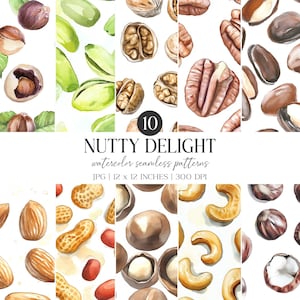 Patrón sin costuras de nueces en acuarela: almendras tostadas y anacardos (JPG) (descarga digital)