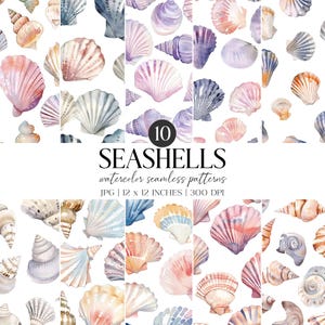 Akwarela bezszwowa z muszlami | Cyfrowy papier z muszlami oceanicznymi (do pobrania)