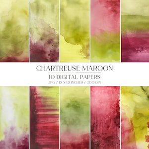 Chartreuse & Maroon Watercolor Digital Paper | Abstract Texture (JPEG)