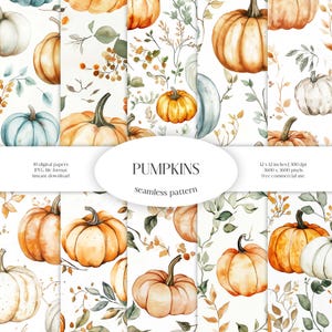 Modello senza cuciture acquerello di zucche / pacchetto di carta digitale JPG vacanze autunnali / sfondo di melone da giardino / tessuto con foglie secche / Halloween fai da te