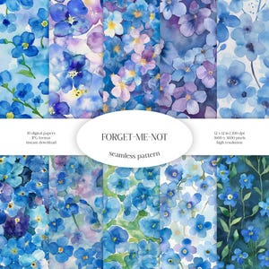 Aquarelle transparente motif myosotis | Paquet de papier numérique JPG floral et verdure | Texture d'arrière-plan | Fleurs ornementales | Carrelage en tissu
