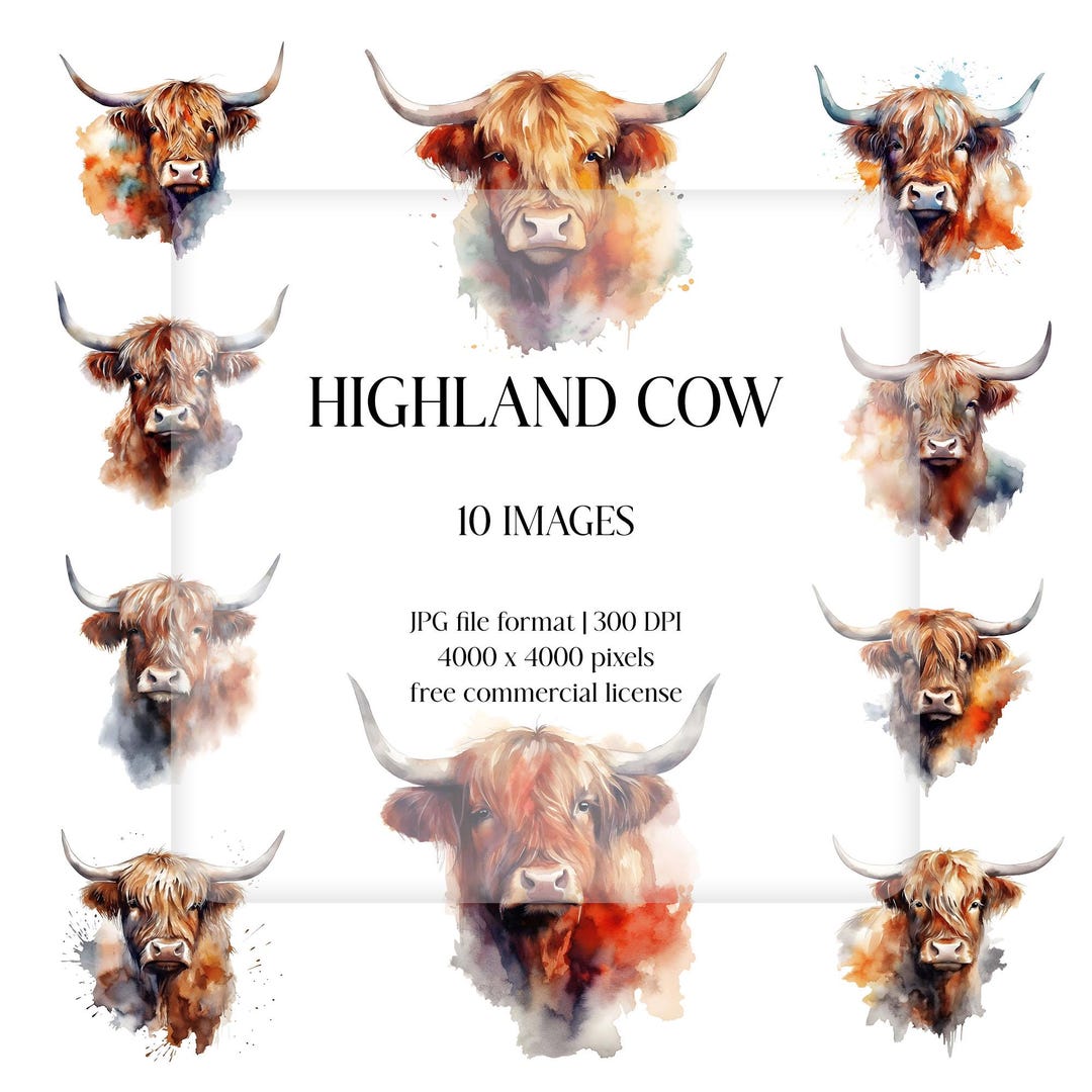 Highland Cow Watercolor Clipart | Farm Animal JPG Collection (digital ...