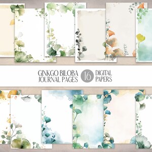 Ginkgo Biloba Acquerello Pagine di diario / Ramo di albero JPG Pacchetto di carta digitale / Sfondo verde / Mestiere di carta, Creazione di carte, Cancelleria fai da te