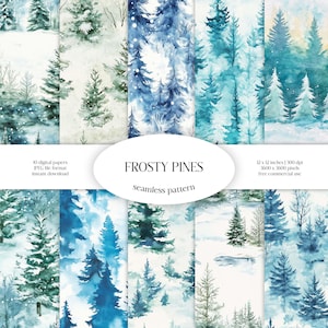 Frosty Pines Acquerello Seamless Pattern / Conifere JPG Pacchetto di carta digitale / Texture di sfondo natalizio / Tessuto boschivo invernale