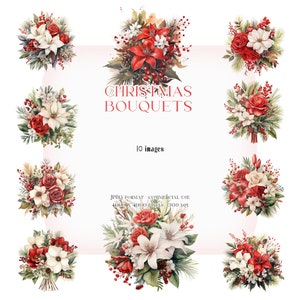 Colección de arreglos florales y verdes en formato JPG / Clipart de acuarela de ramos navideños / Fabricación de tarjetas, papelería, invitaciones navideñas, prendas de vestir