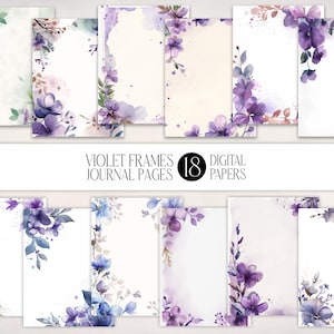 Violet Watercolor Journal Pages | Floral Stationery, Scrapbook (JPG Digital Paper Pack)