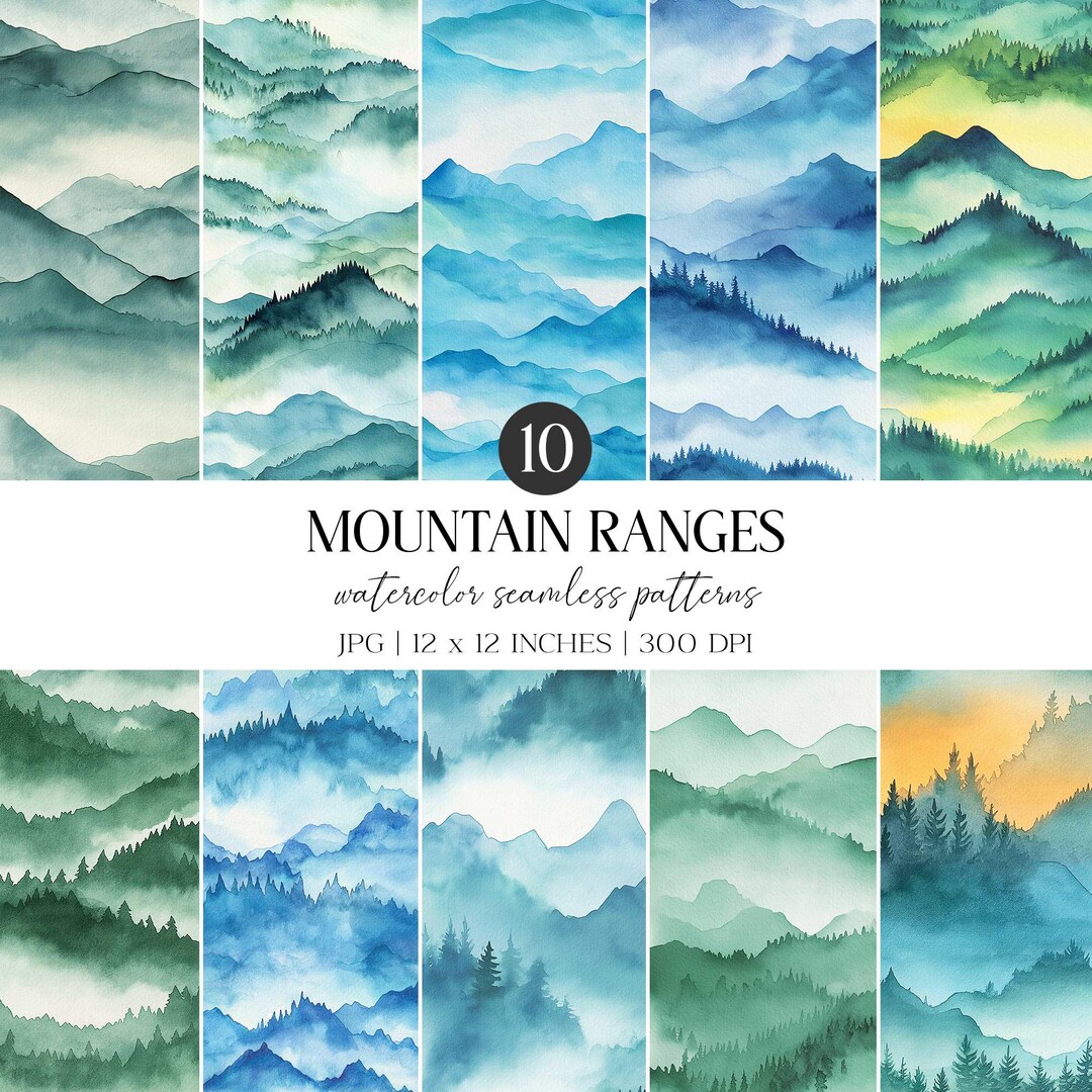 Mt Range Patterns Watercolor Mountain Range Seamless Pattern | Evergreen Fabric (digital ...