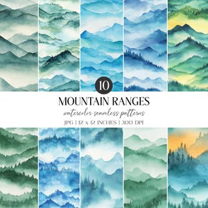 Watercolor Mountain Range Seamless Pattern | Evergreen Fabric (Digital Download)