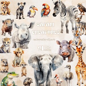 Clipart de aquarela de criaturas Safari | Coleção PNG de animais e pássaros bebês | Conjunto de berçário infantil | Padrão de arte de parede, convite para festa, álbum de recortes