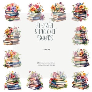 Pila de libros con flores en acuarela, imágenes prediseñadas / Novelas verdes en formato JPG / Papelería, impresiones digitales, creación de tarjetas, planificadores, manualidades de papel, invitaciones DIY