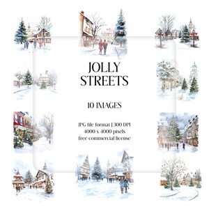 Watercolor Christmas Village Clipart | Winter Holiday Scenery (JPG)