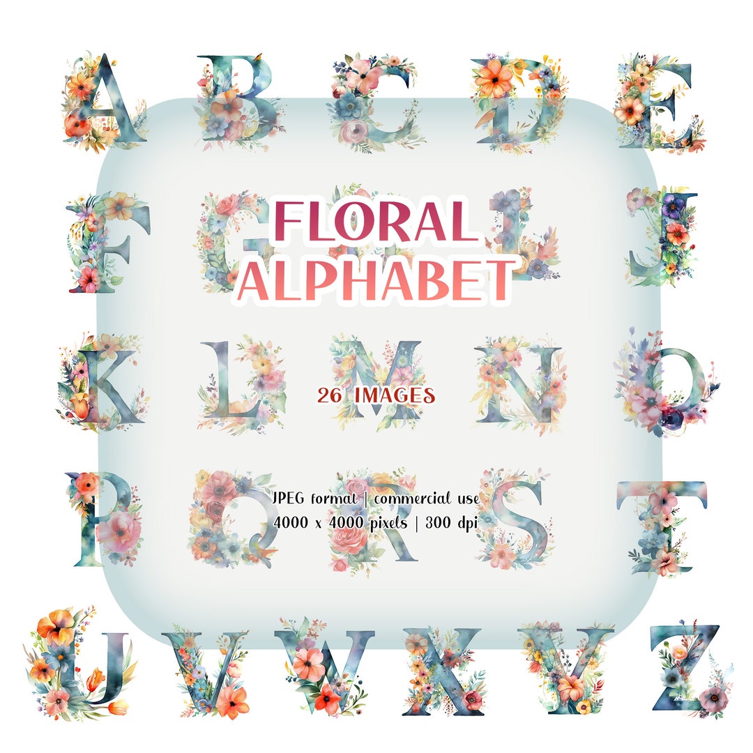 Floral Alphabet Watercolor Clipart | Letters & Flowers JPG Set ...