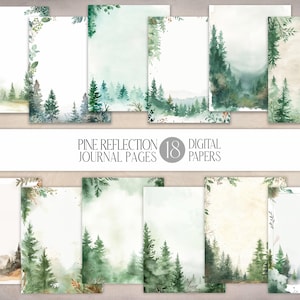 Páginas de diário de aquarela Pine Reflection | Pacote de papel digital JPG de floresta de coníferas | Fundo de vegetação l Moldura Evergreen | Papelaria DIY