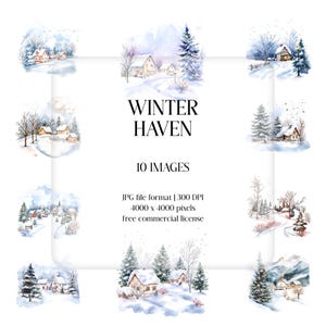 Aquarel winterdorp clipart | Besneeuwde huizen JPG (digitale download)