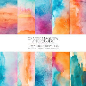 Textura de acuarela naranja, magenta y turquesa / Papel digital abstracto moderno / Fondo JPEG / Papelería, Manualidades de papel, Ropa, Tarjetas