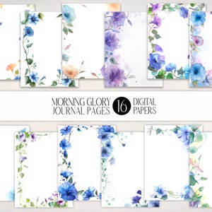 May include: A collection of 16 digital journal pages featuring watercolor illustrations of morning glory flowers in shades of blue, purple, and peach. The pages are arranged with floral borders and accents, with the text "MORNING GLORY JOURNAL PAGES 16 DIGITAL PAPERS".