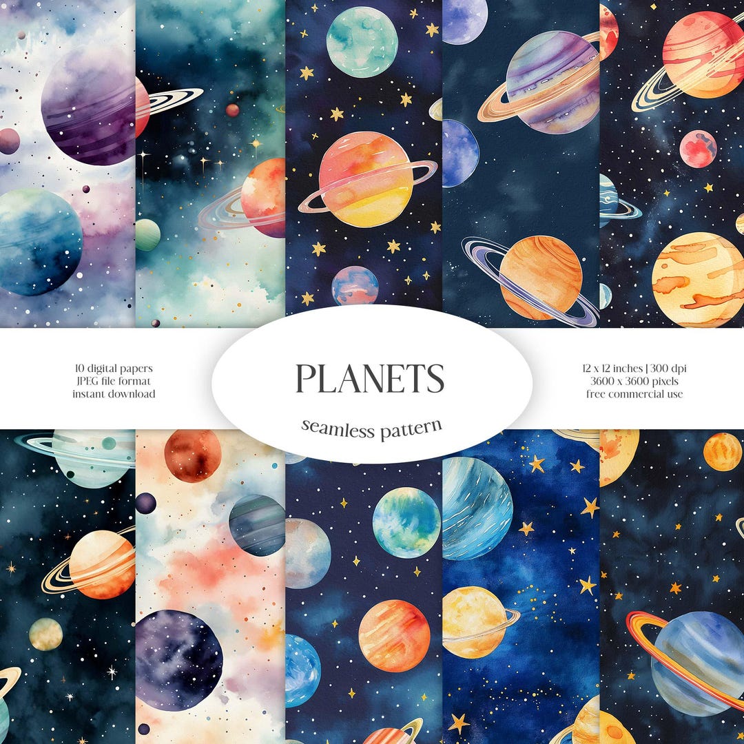 Planets Watercolor Seamless Pattern Collection | Outer Space & Stars ...