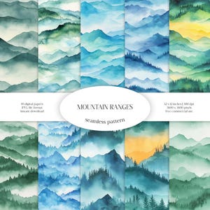 Padrão sem emenda em aquarela de montanhas | Pacote de papel digital JPG High Peaks | Textura de fundo cumes | Tecido com cenário de madeira perene