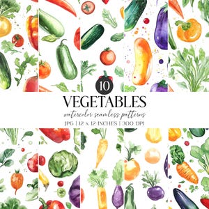 野菜の水彩画シームレスパターン | 野菜園デジタルペーパー (JPG)