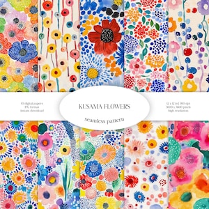 Kusama Blumen Aquarell nahtlose Muster | Außen Kunst JPG Digital Paper Pack | Pop Art Hintergrund | Bunter Yayoi-Stoff mit abstrakten Blumen