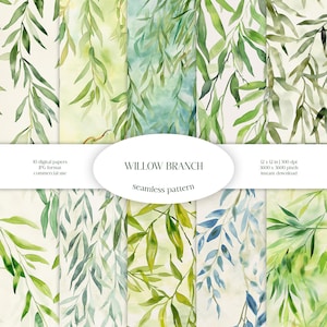Weidenzweig Aquarell Musterdesign | Greenery & Floral JPG Digital Paper Pack | Hintergrundtextur | Ornament Blatt | Kleiderstoff