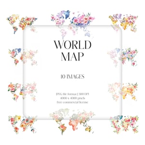 Mapa del mundo floral en acuarela, conjunto de atlas de flores de pradera en formato JPG, fondo con gráfico del planeta Tierra, diagrama de vegetación y tierra colorida, bricolaje