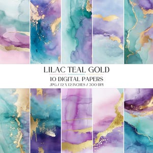 May include: A collection of ten digital papers with watercolor designs in shades of lilac, teal, and gold. Each paper measures 12 x 12 inches and has a resolution of 300 DPI. The text "LILAC TEAL GOLD" is displayed above the product details.