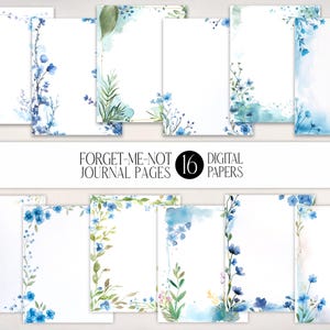 Páginas de diario con flores de nomeolvides / Papelería de acuarela (paquete de papel digital JPG)