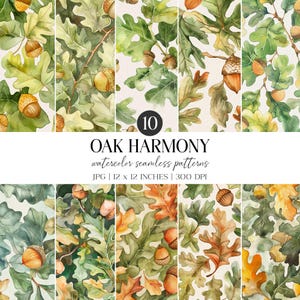 Oak Leaf Watercolor Seamless Pattern | Greenery Digital Paper (JPG)