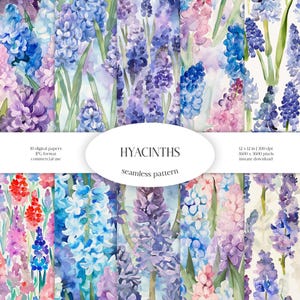 Aquarelle transparente motif jacinthes | Paquet de papier numérique JPG floral et verdure | Texture d'arrière-plan | Fleurs ornementales | Tissu, habillement