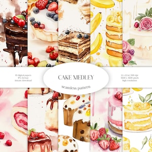 Naadloze aquarelpatroon cakemedley | Zoete lekkernijen JPG digitaal papierpakket | Smakelijke lagenachtergrond | Gebakstof | Zelfgemaakte desserttegel