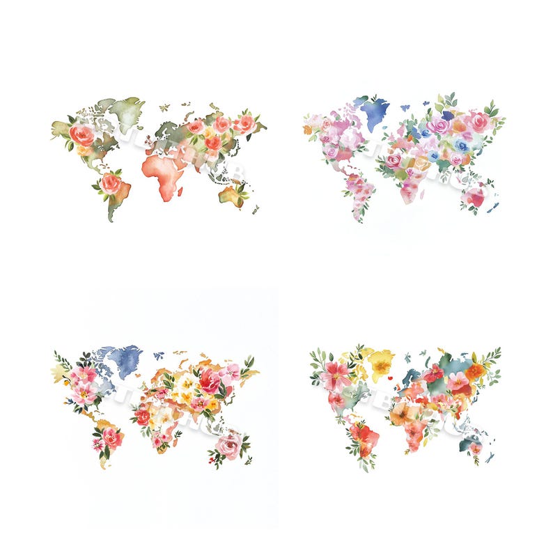 Watercolor Floral World Map Clipart | Earth Atlas JPG Set (digital ...