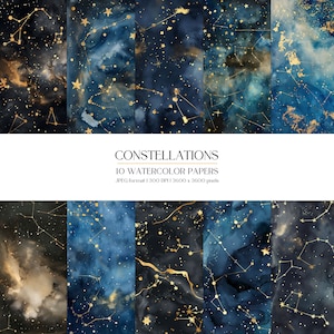 Papel digital de acuarela de constelaciones / Textura de fondo abstracto con estrellas doradas en el cielo nocturno / JPEG / Papelería, Manualidades de papel, Fabricación de tarjetas DIY
