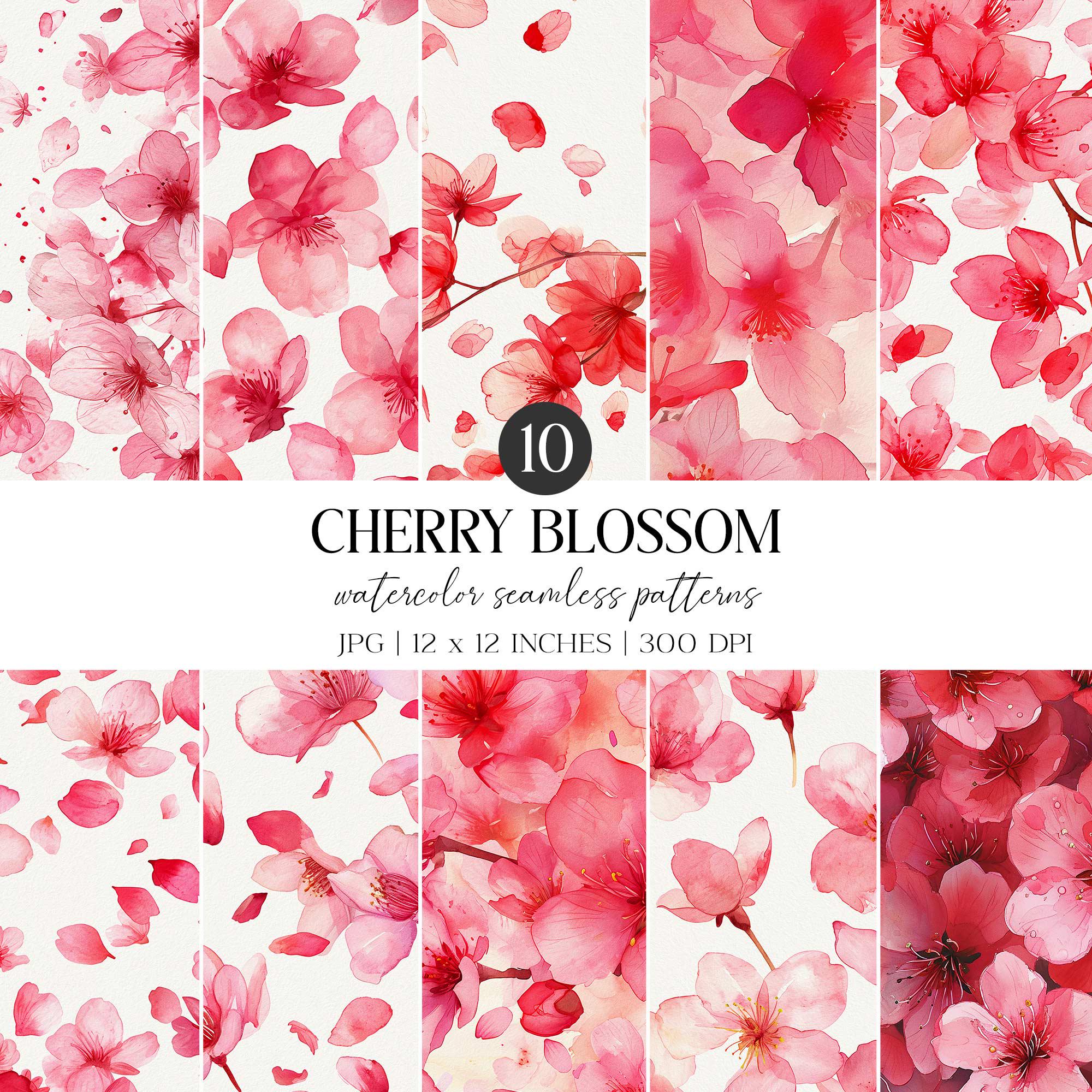 Cherry Blossom Watercolor Seamless Pattern Set | Red & Pink Petal ...