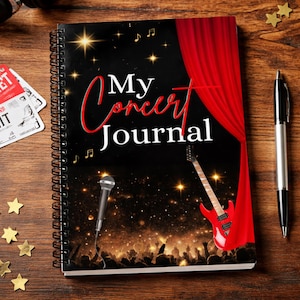 May include: A spiral-bound journal titled "My Concert Journal" with a black cover design. The cover features a red curtain, a guitar, and a microphone. The words "My Concert Journal" are in red and white. A pen and concert tickets are on a wooden surface.