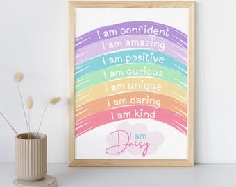May include: A rainbow-colored print with the text "I am confident, I am amazing, I am positive, I am curious, I am unique, I am caring, I am kind" and a cloud with the text "I am Daisy".
