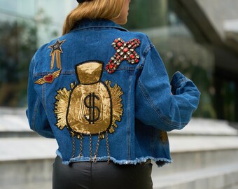 Embellished Denim Jacket | Jean Jacket With Dollar Sign At The Back | Great Gift Idea For Woman | Gift For Gift | Embroidered Denim Jacket