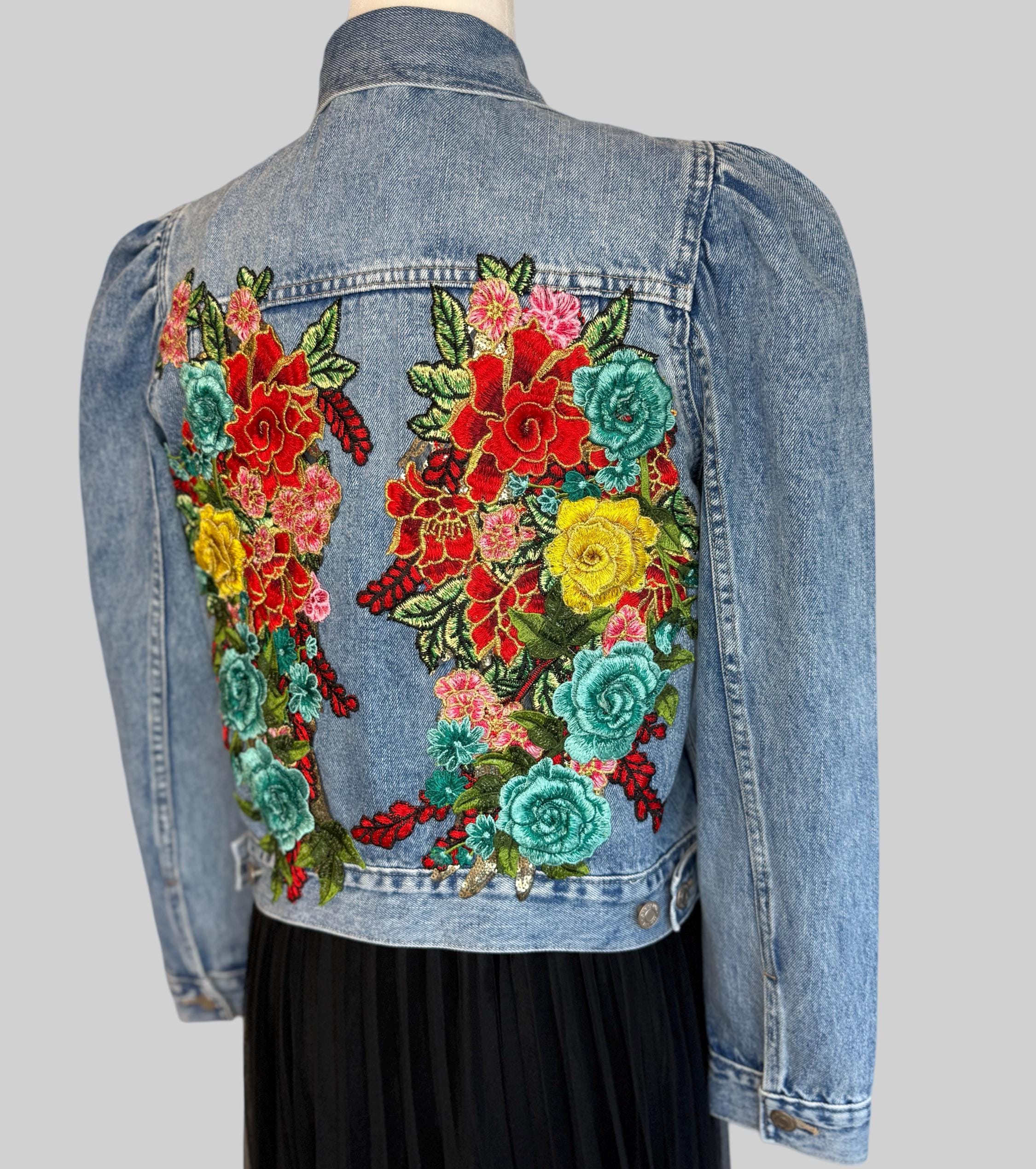 Women's Floral Embroidered Denim Jacket, Women's Denim Jacket With
