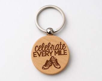 Celebrate Every Mile Running Keychain | Runner Gift | Wooden Running Keychain | Half Marathon Gift | Marathon Runner Accessory