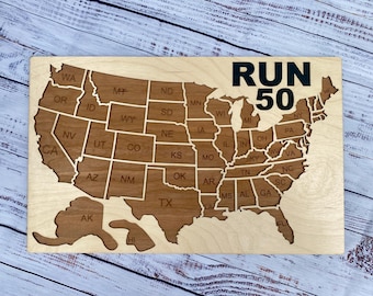 RUN 50 State Tracker | Run All 50 States Challenge Map | Wooden USA Running Tracker | Gift for Runners | Race Tracker Wall Art