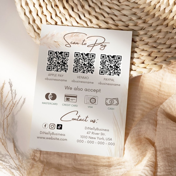 Boho QR Scan to pay Template, Editable QR Scan to Pay Canva Template, QR code sign, Printable Payment Sign, Scan to Pay Template, Printable