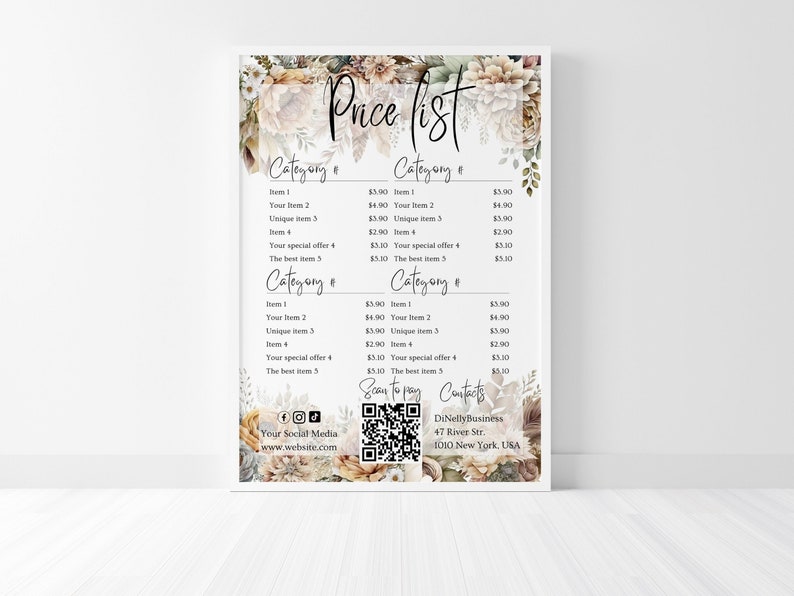 Floral Price List Template, Instagram Story Price List, Salon Price